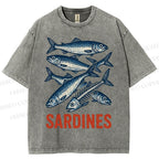 Unisex Vintage Sardines Printed Washed Tee