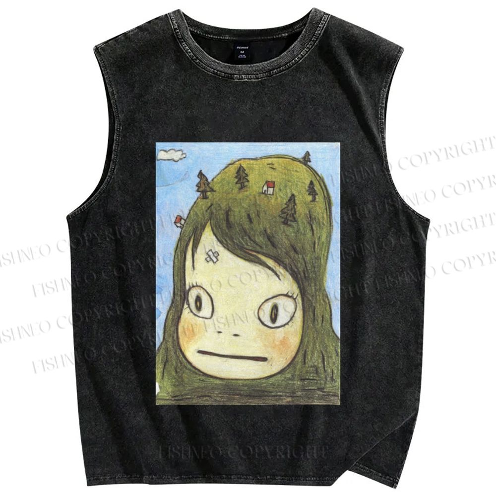 Unisex Yoshitomo Nara Printed Washed Tank Top