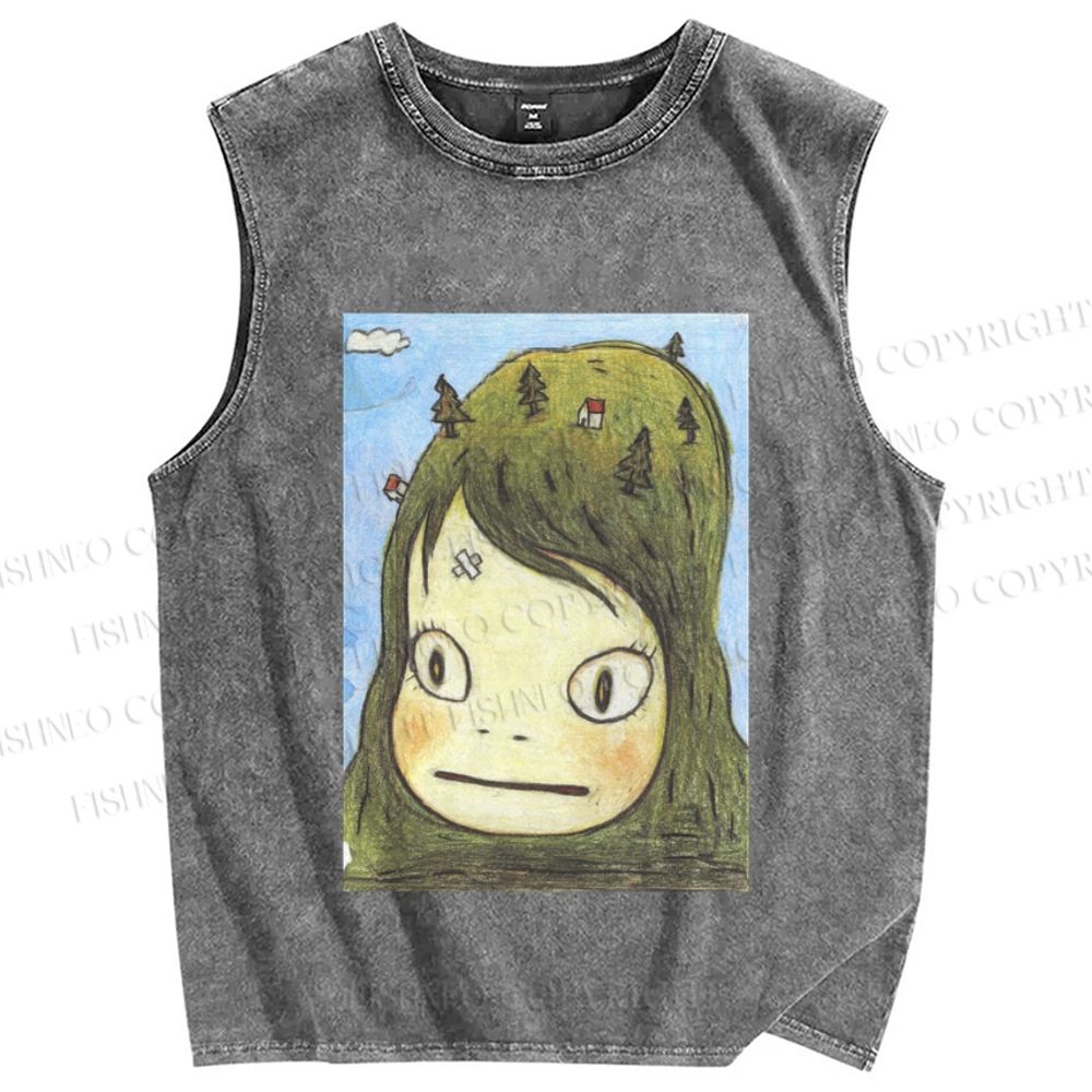 Unisex Yoshitomo Nara Printed Washed Tank Top