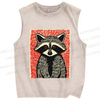 Unisex Art Raccoon Printed Washed Tank Top