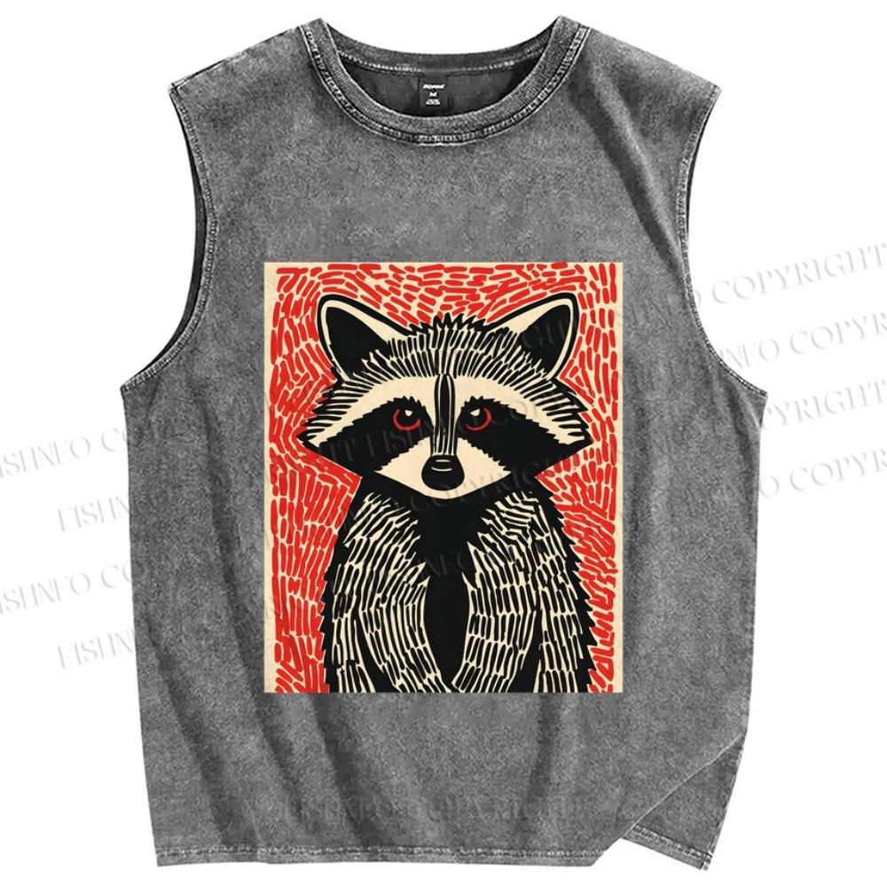Unisex Art Raccoon Printed Washed Tank Top