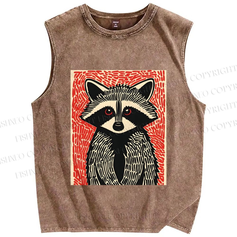 Unisex Art Raccoon Printed Washed Tank Top