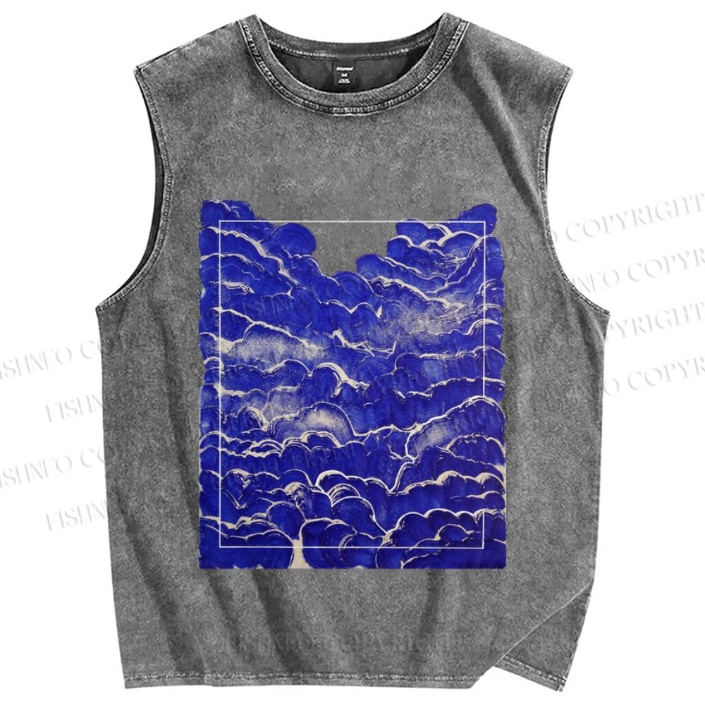 Unisex Art Vintage Waves Printed Washed Tank Top