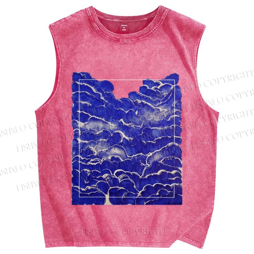 Unisex Art Vintage Waves Printed Washed Tank Top
