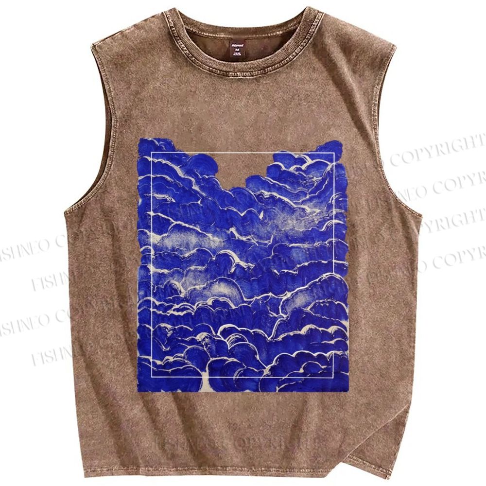 Unisex Art Vintage Waves Printed Washed Tank Top