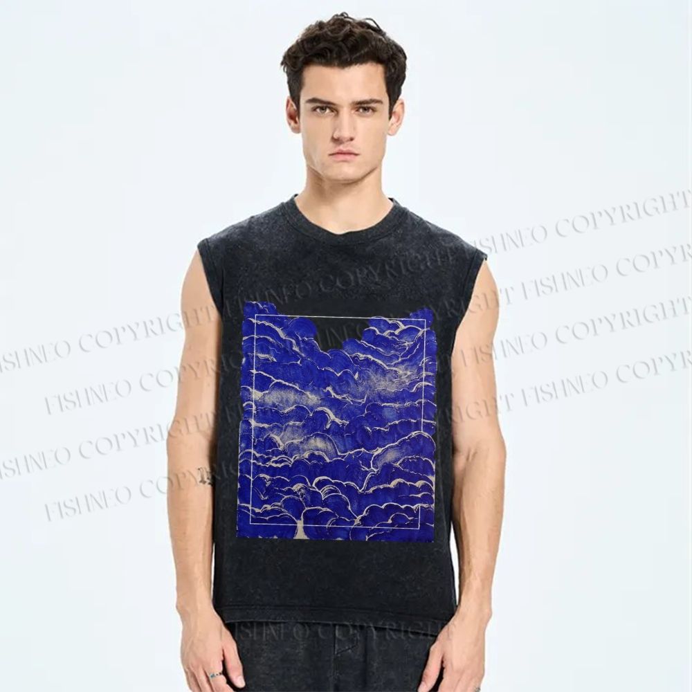 Unisex Art Vintage Waves Printed Washed Tank Top