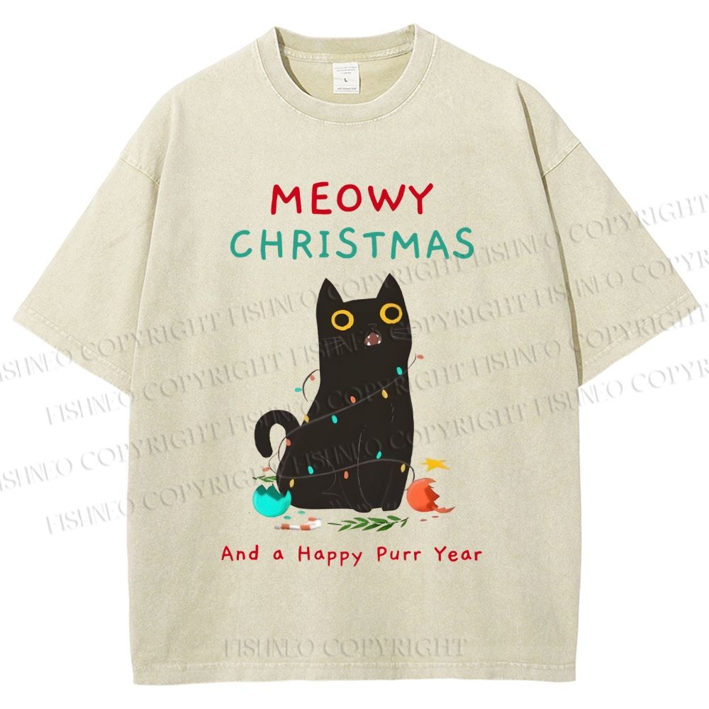 Unisex Black Cat Meowy Christmas Happy Purr Year Printed Washed Tee