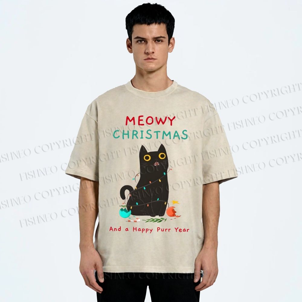 Unisex Black Cat Meowy Christmas Happy Purr Year Printed Washed Tee