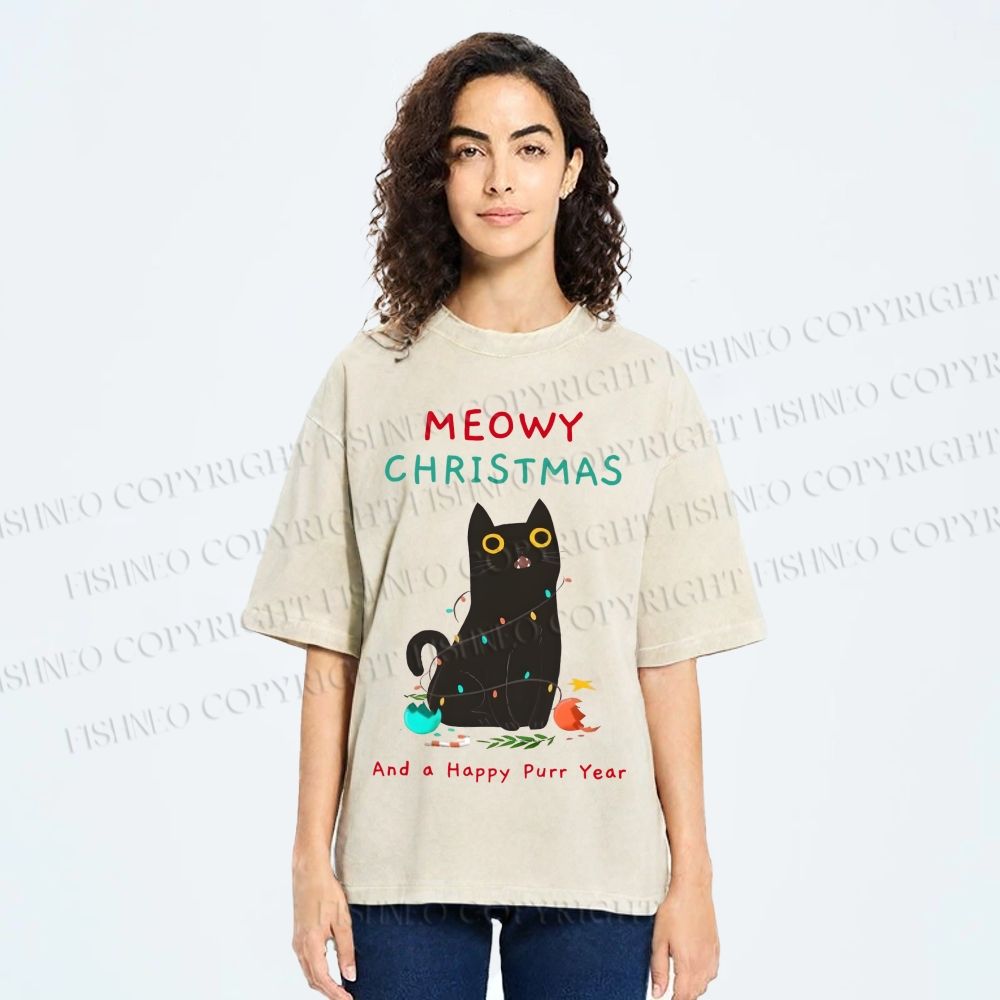 Unisex Black Cat Meowy Christmas Happy Purr Year Printed Washed Tee