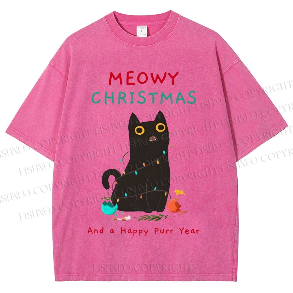 Unisex Black Cat Meowy Christmas Happy Purr Year Printed Washed Tee