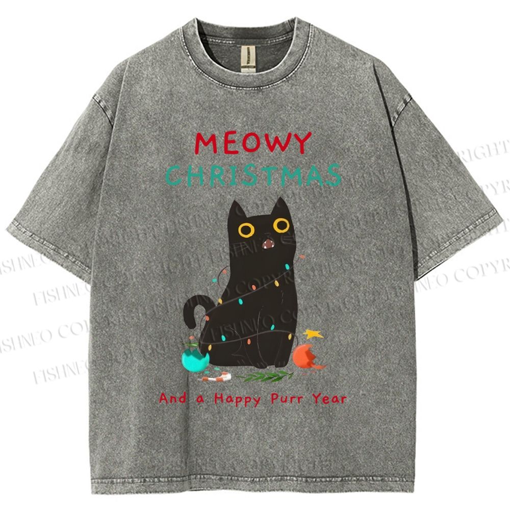 Unisex Black Cat Meowy Christmas Happy Purr Year Printed Washed Tee
