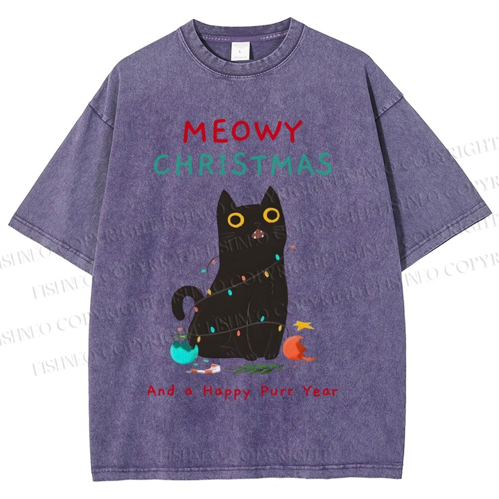 Unisex Black Cat Meowy Christmas Happy Purr Year Printed Washed Tee