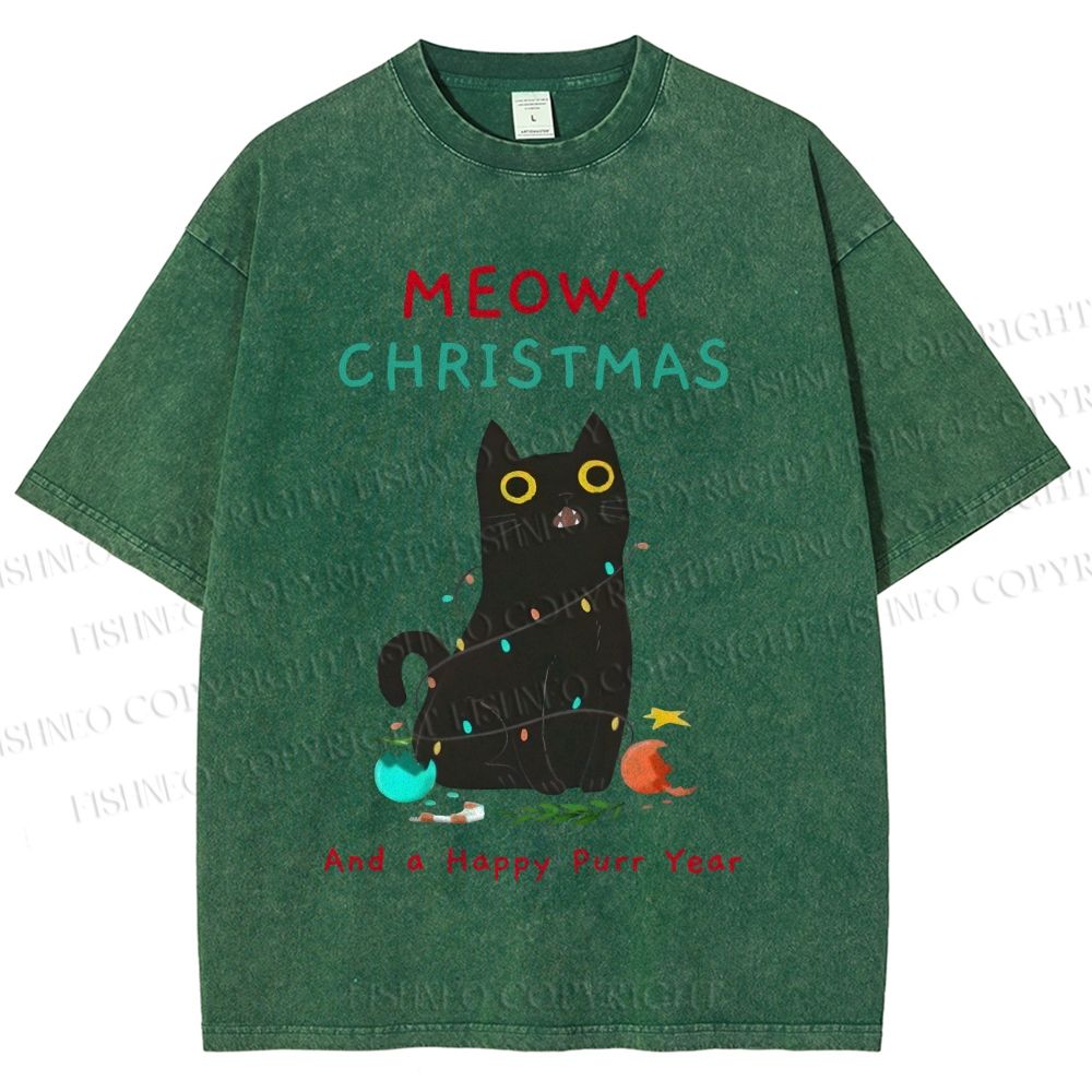 Unisex Black Cat Meowy Christmas Happy Purr Year Printed Washed Tee