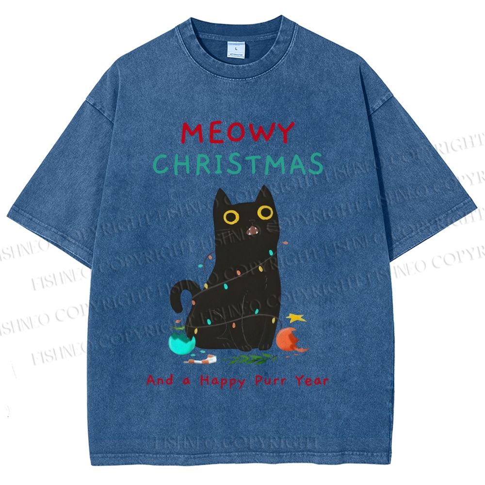 Unisex Black Cat Meowy Christmas Happy Purr Year Printed Washed Tee