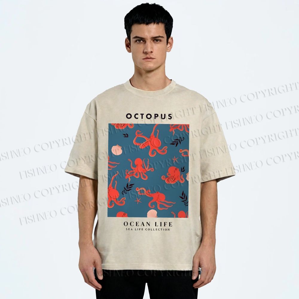 Unisex Octopus Shell Printed Washed Tee