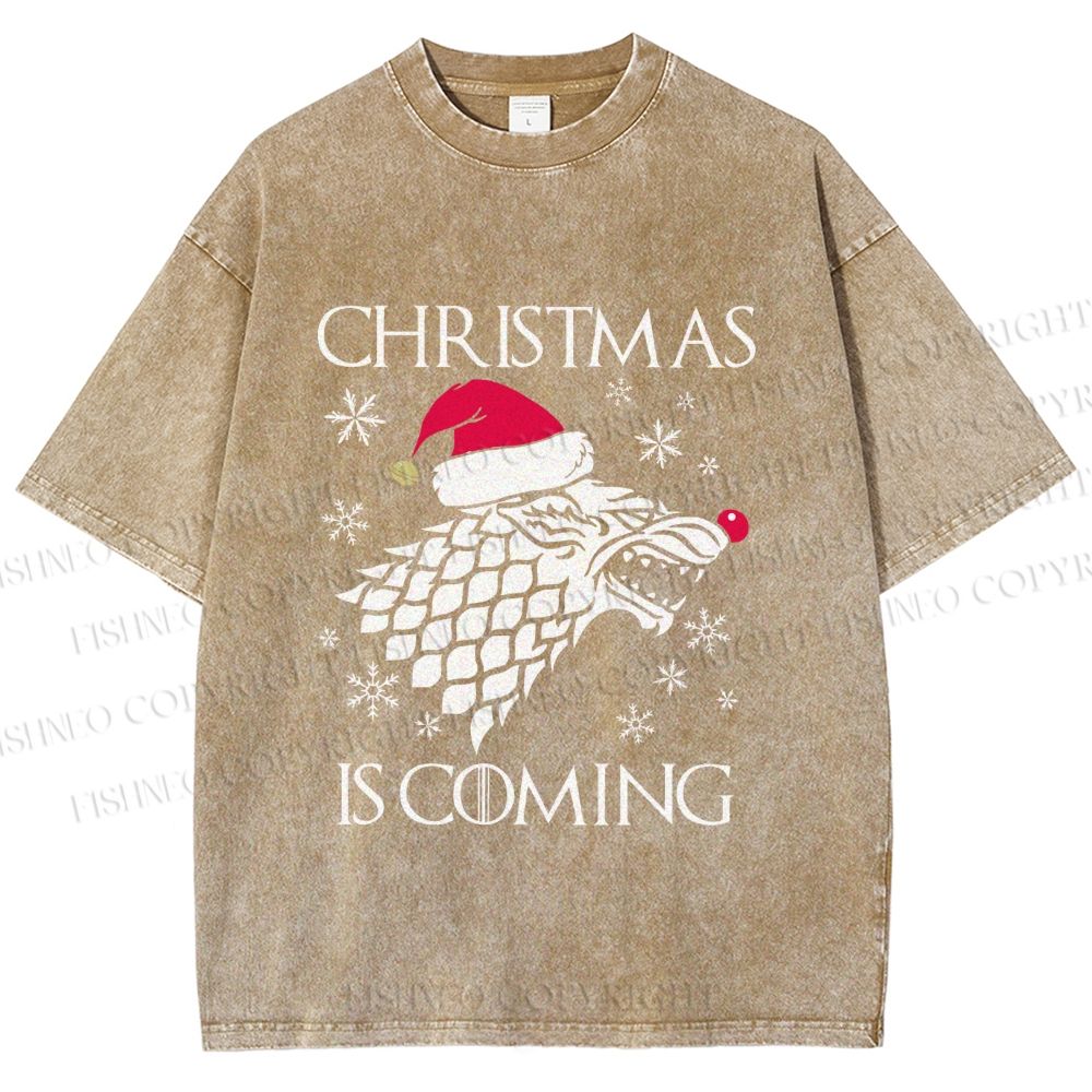 Unisex Winter Wolf Christmas Is Coming Printed Washed Tee