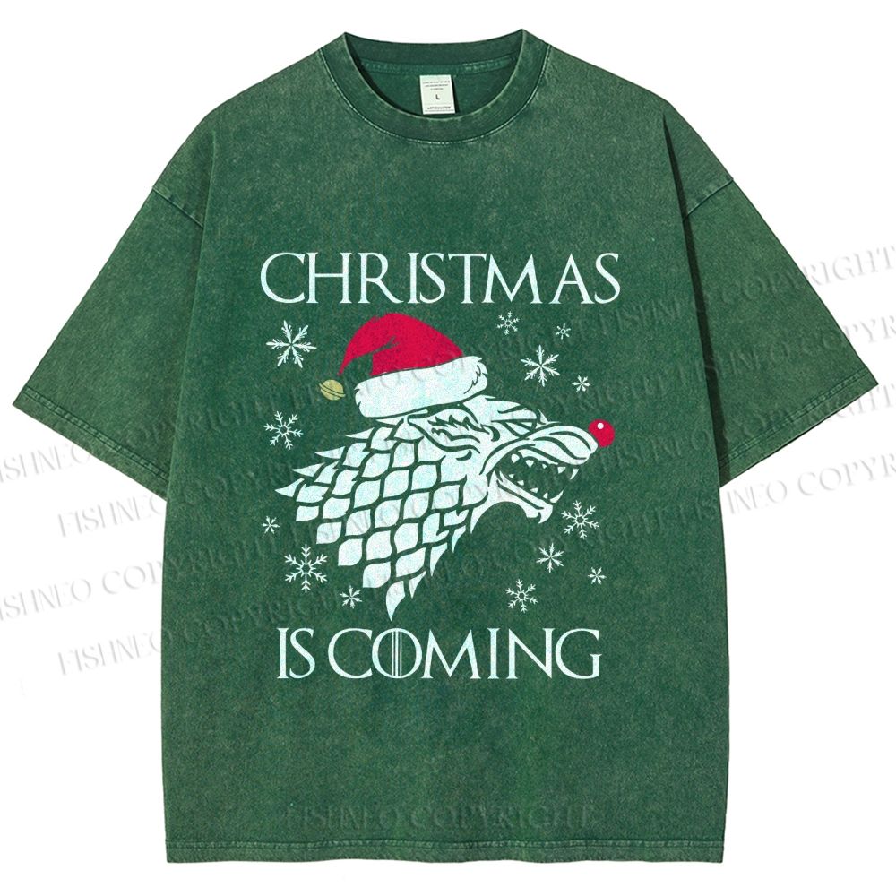 Unisex Winter Wolf Christmas Is Coming Printed Washed Tee