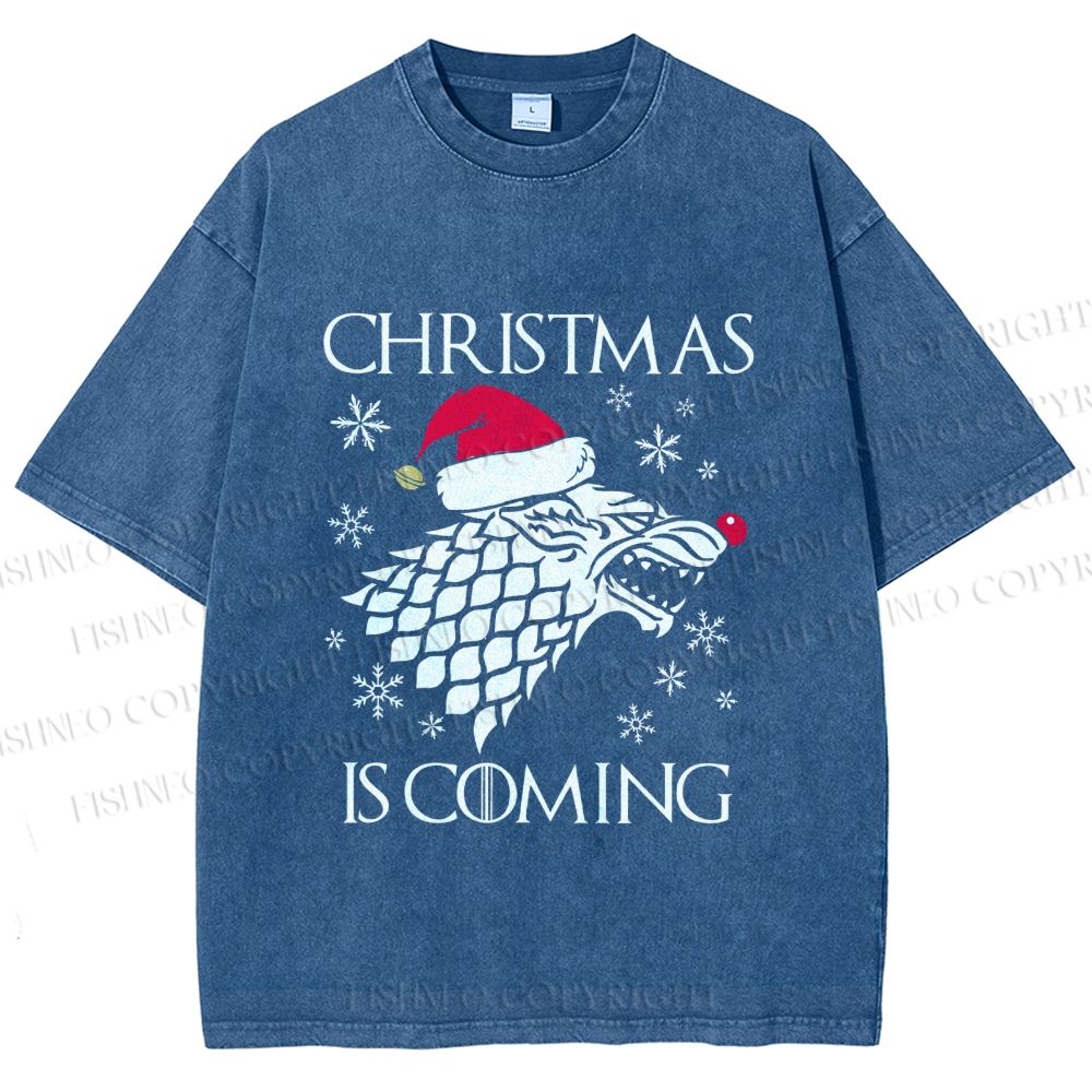 Unisex Winter Wolf Christmas Is Coming Printed Washed Tee