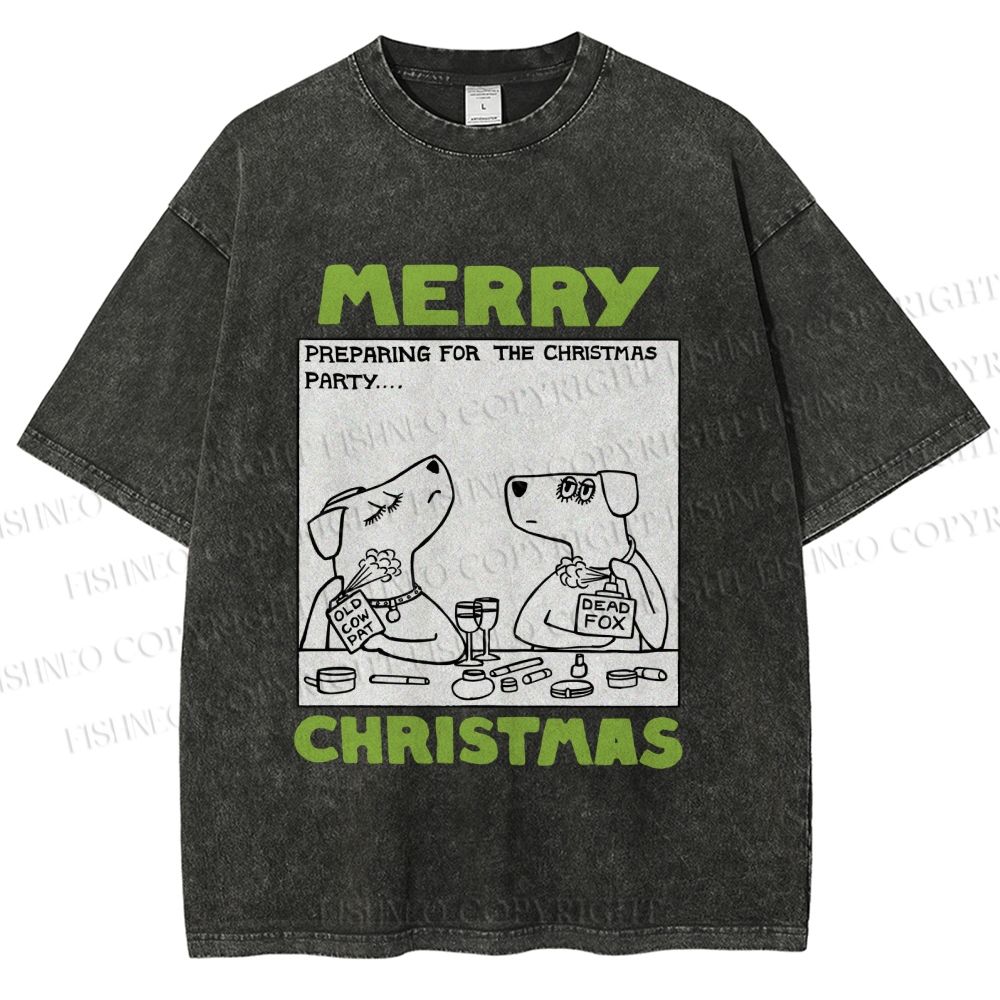 Unisex Funny Lady Dogs Preparing For Christmas Party Printed Washed Tee