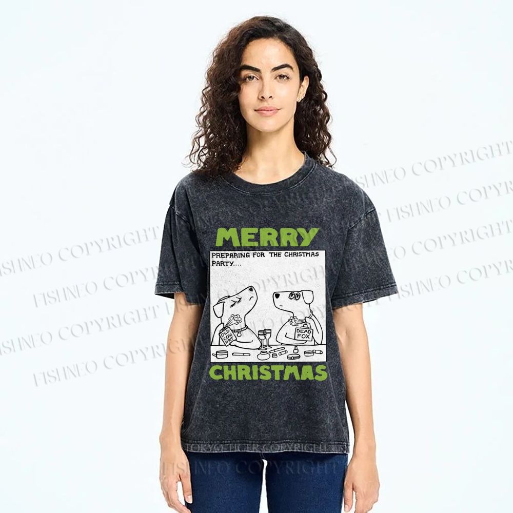Unisex Funny Lady Dogs Preparing For Christmas Party Printed Washed Tee