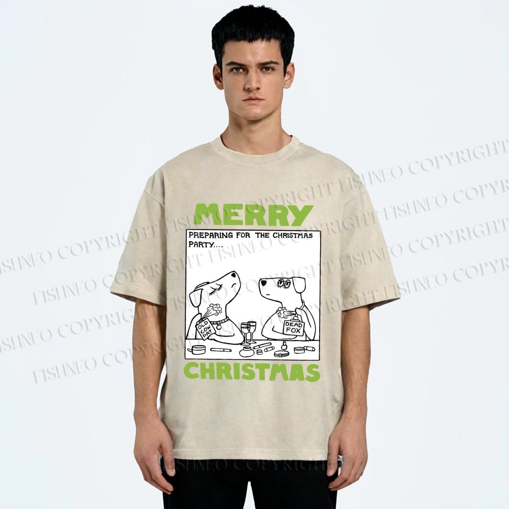 Unisex Funny Lady Dogs Preparing For Christmas Party Printed Washed Tee