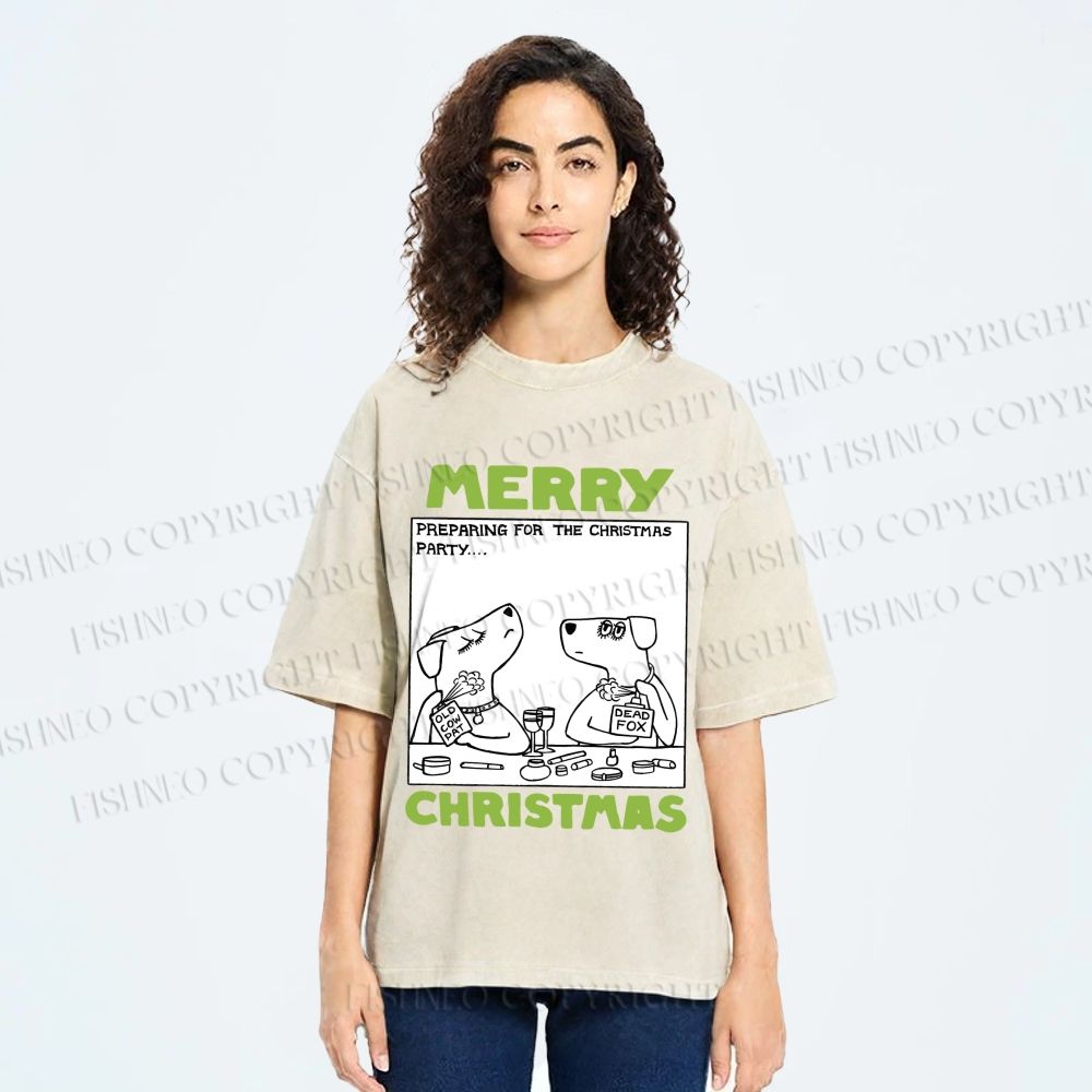 Unisex Funny Lady Dogs Preparing For Christmas Party Printed Washed Tee