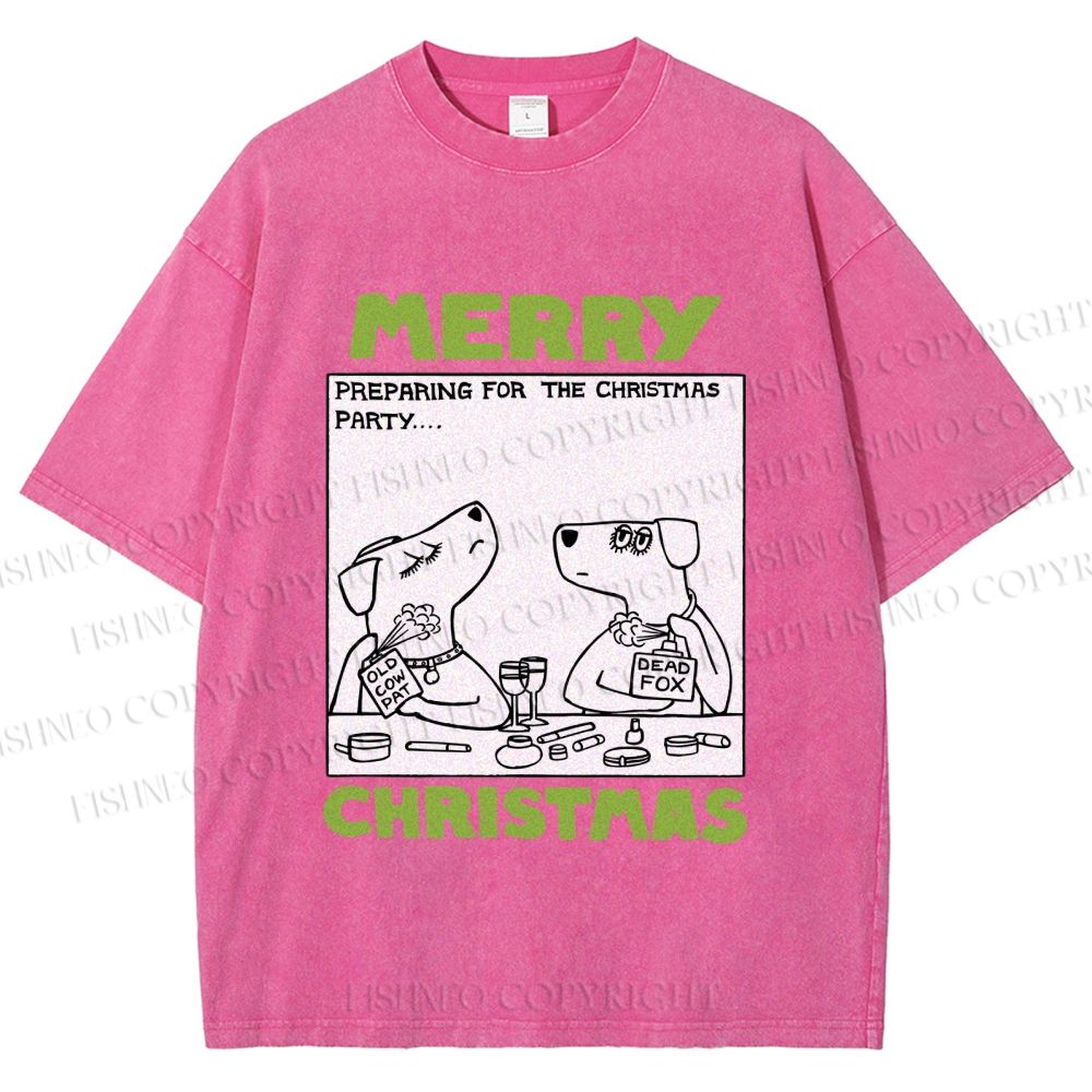 Unisex Funny Lady Dogs Preparing For Christmas Party Printed Washed Tee