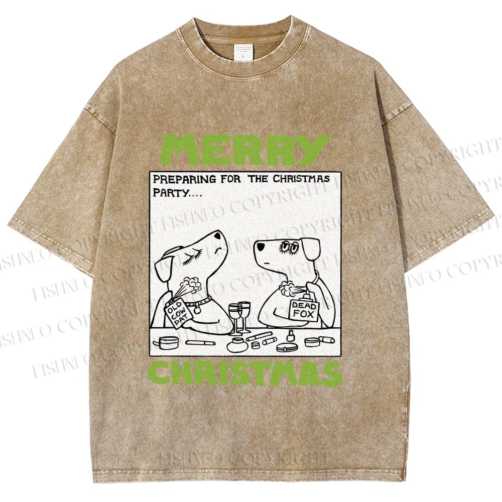 Unisex Funny Lady Dogs Preparing For Christmas Party Printed Washed Tee