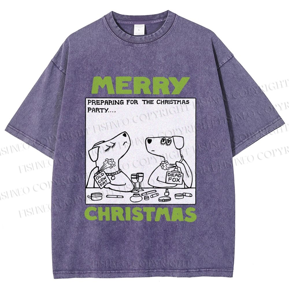 Unisex Funny Lady Dogs Preparing For Christmas Party Printed Washed Tee