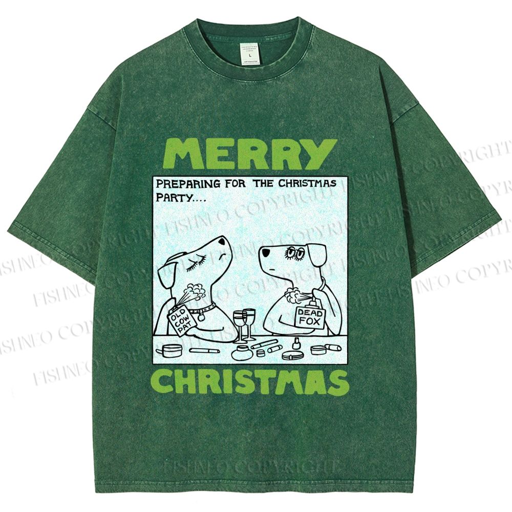 Unisex Funny Lady Dogs Preparing For Christmas Party Printed Washed Tee