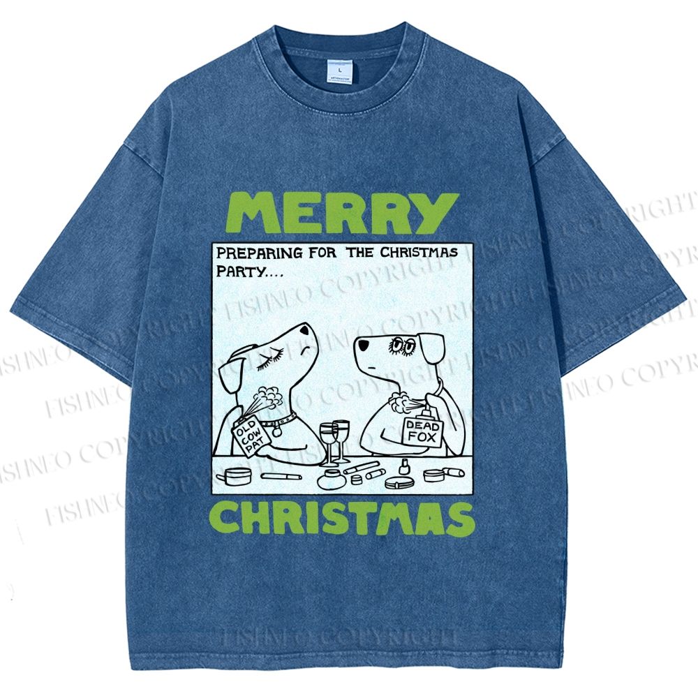 Unisex Funny Lady Dogs Preparing For Christmas Party Printed Washed Tee