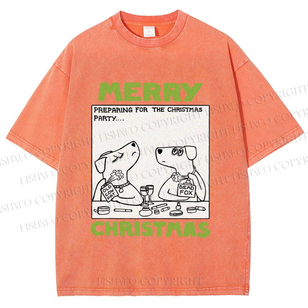 Unisex Funny Lady Dogs Preparing For Christmas Party Printed Washed Tee