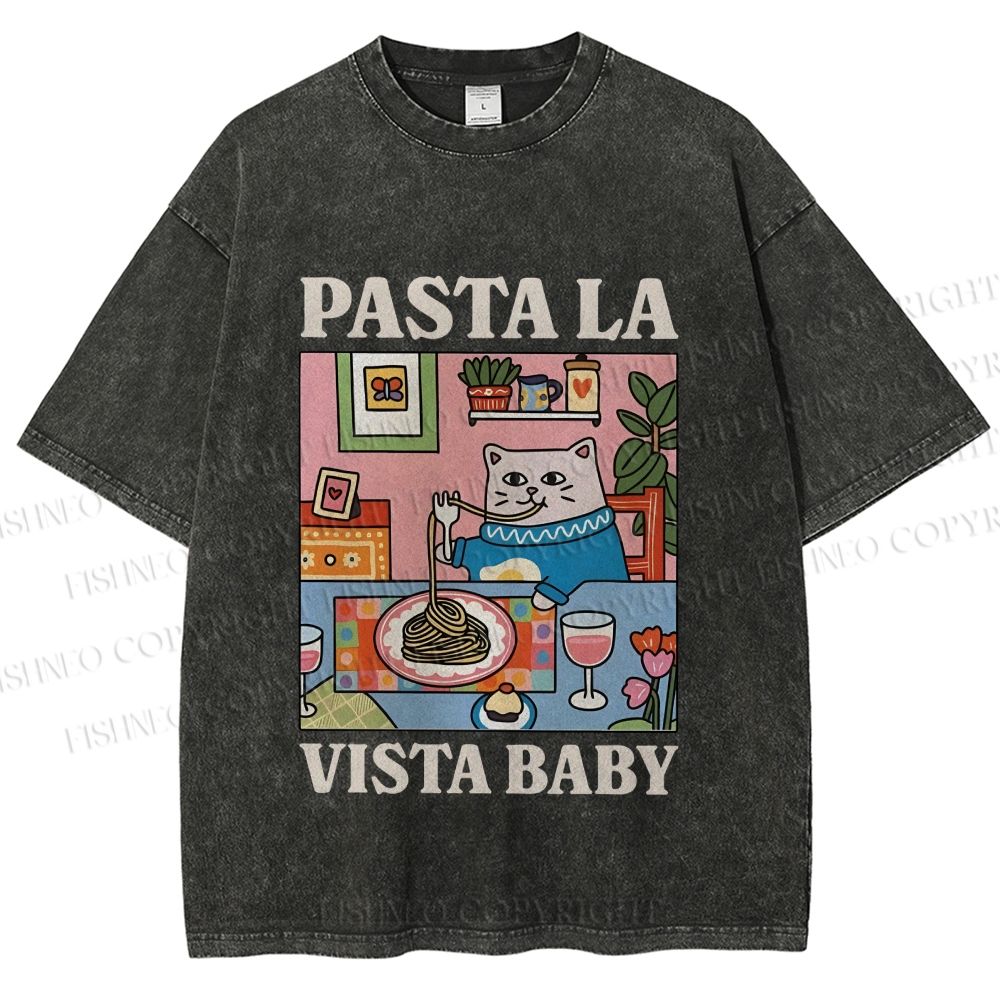 Unisex Cat Pasta La Vista Baby Printed Washed Tee
