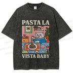 Unisex Cat Pasta La Vista Baby Printed Washed Tee