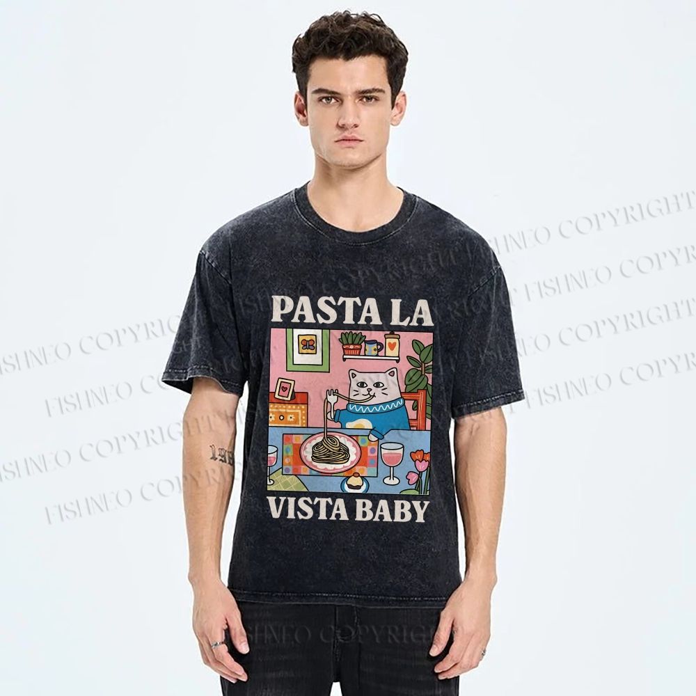 Unisex Cat Pasta La Vista Baby Printed Washed Tee