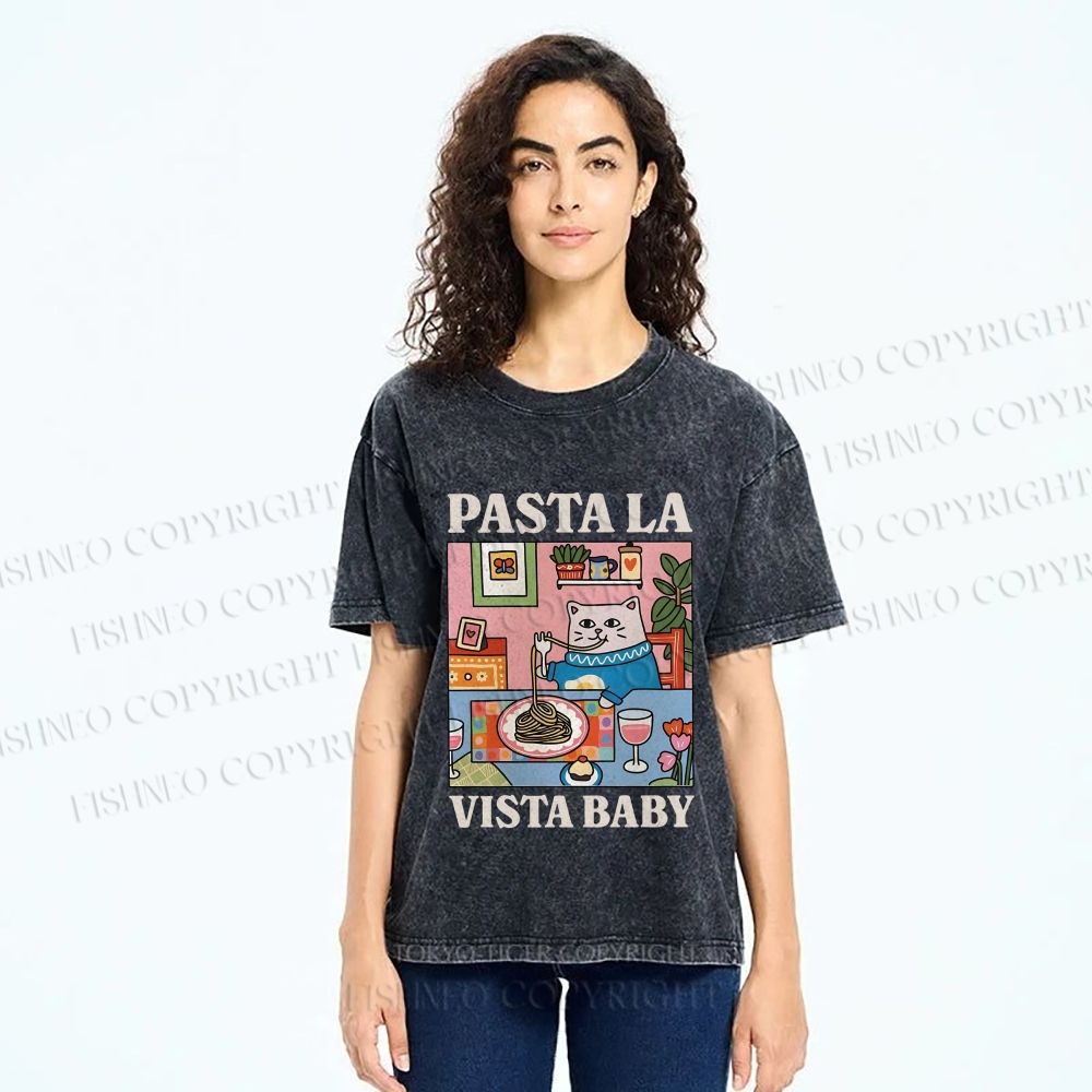 Unisex Cat Pasta La Vista Baby Printed Washed Tee