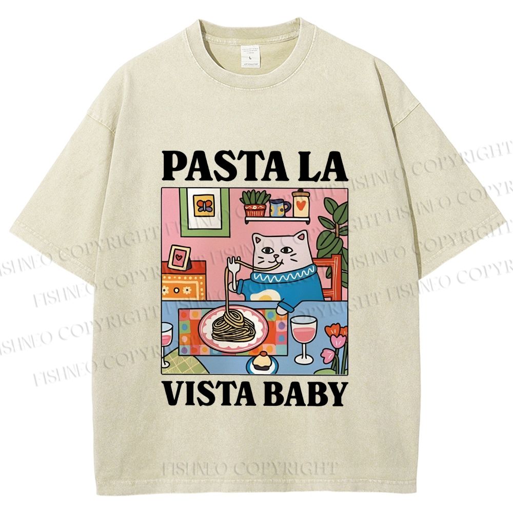 Unisex Cat Pasta La Vista Baby Printed Washed Tee