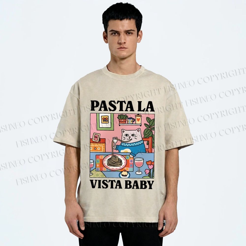 Unisex Cat Pasta La Vista Baby Printed Washed Tee