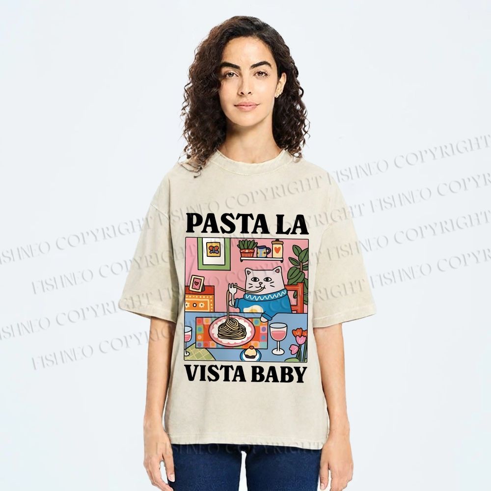 Unisex Cat Pasta La Vista Baby Printed Washed Tee