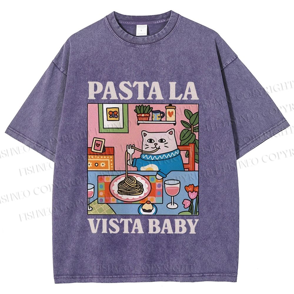 Unisex Cat Pasta La Vista Baby Printed Washed Tee