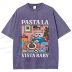 Unisex Cat Pasta La Vista Baby Printed Washed Tee