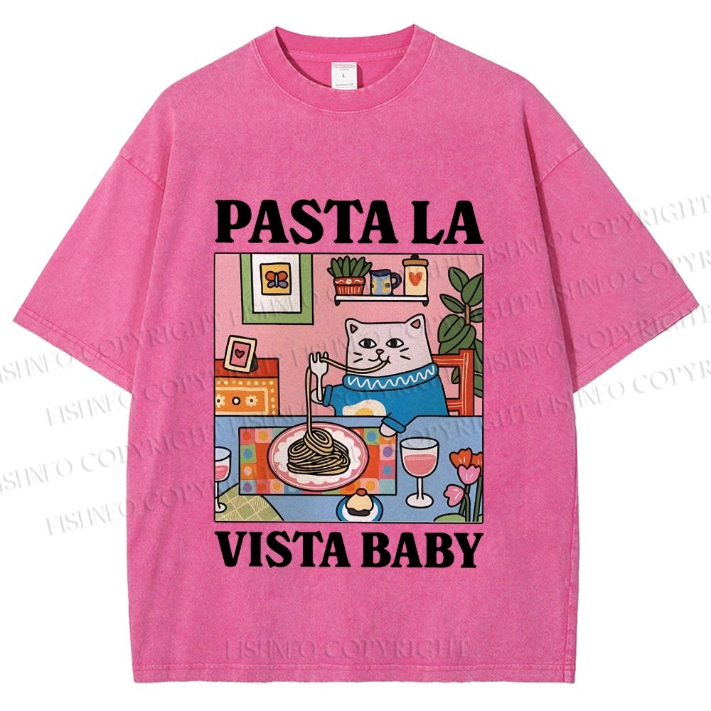 Unisex Cat Pasta La Vista Baby Printed Washed Tee