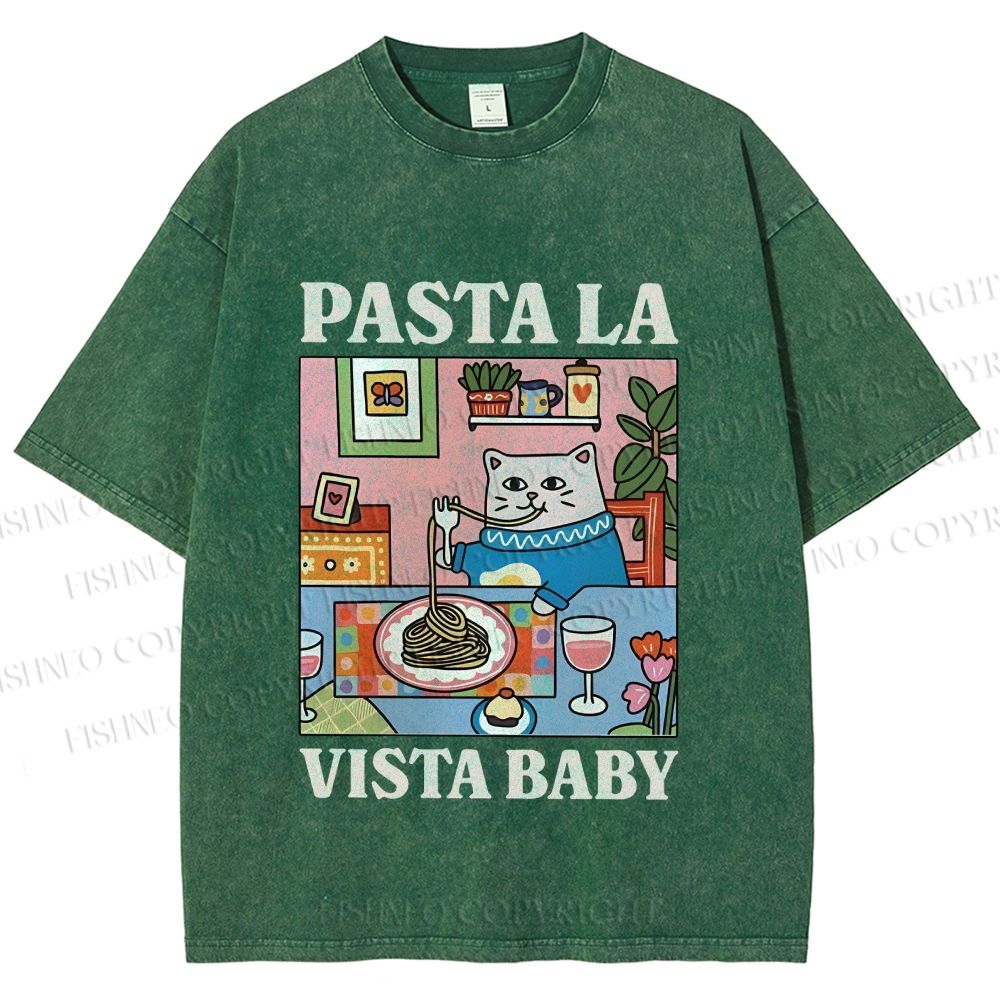 Unisex Cat Pasta La Vista Baby Printed Washed Tee