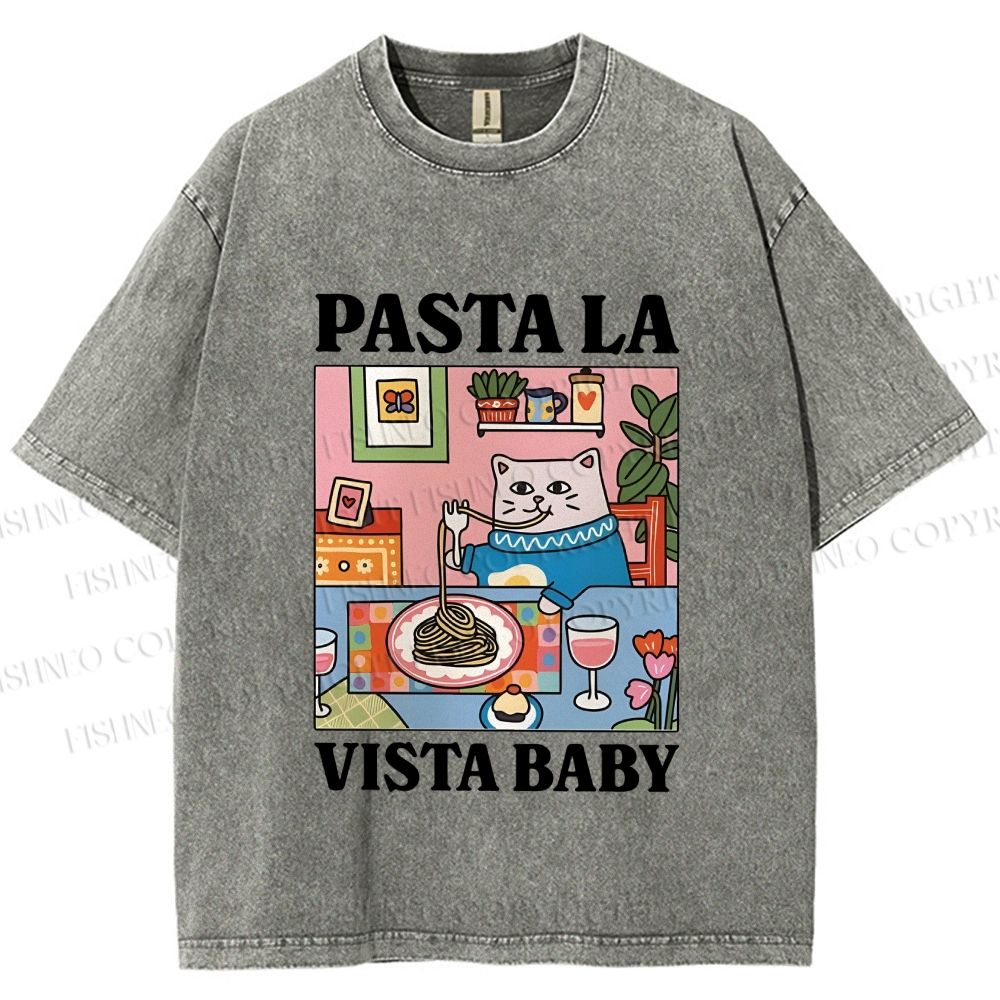 Unisex Cat Pasta La Vista Baby Printed Washed Tee