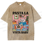 Unisex Cat Pasta La Vista Baby Printed Washed Tee