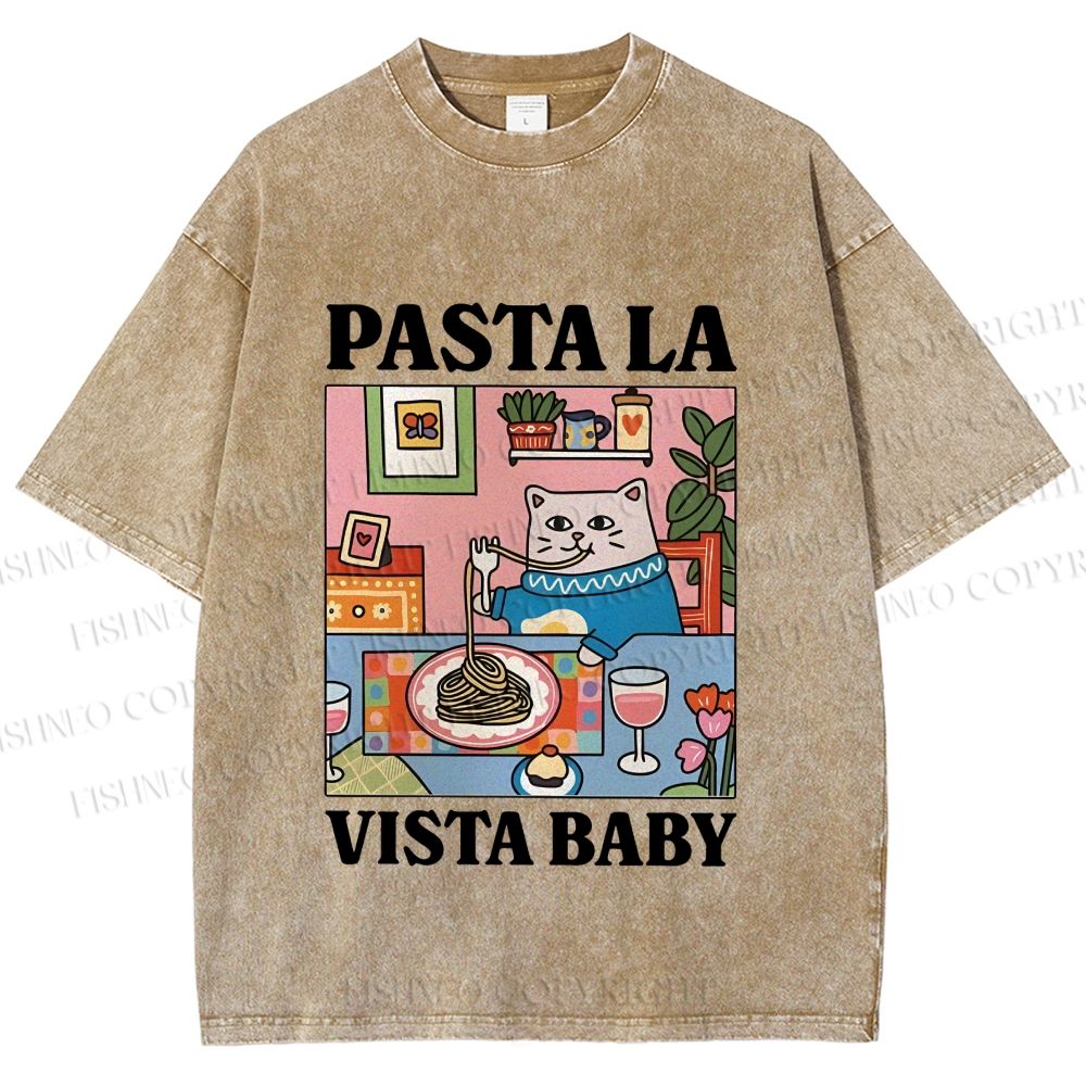 Unisex Cat Pasta La Vista Baby Printed Washed Tee