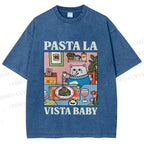 Unisex Cat Pasta La Vista Baby Printed Washed Tee