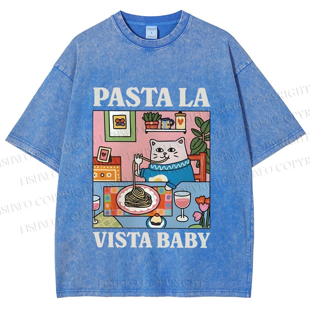 Unisex Cat Pasta La Vista Baby Printed Washed Tee