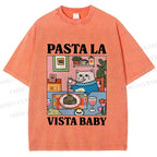 Unisex Cat Pasta La Vista Baby Printed Washed Tee