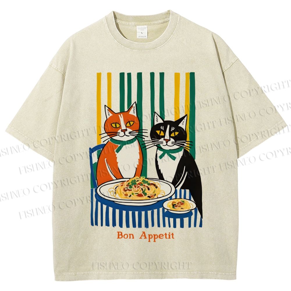 Unisex Bon appétit French Vintage Cat Having Brunch Printed Washed Tee
